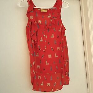 COPY - Maeve Anthropologie blouse orange w multi color city building print w ru…